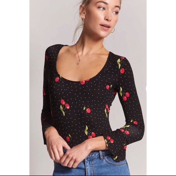 Forever 21 Tops - Forever 21 Black Bell Sleeve Cherry Bodysuit NWT